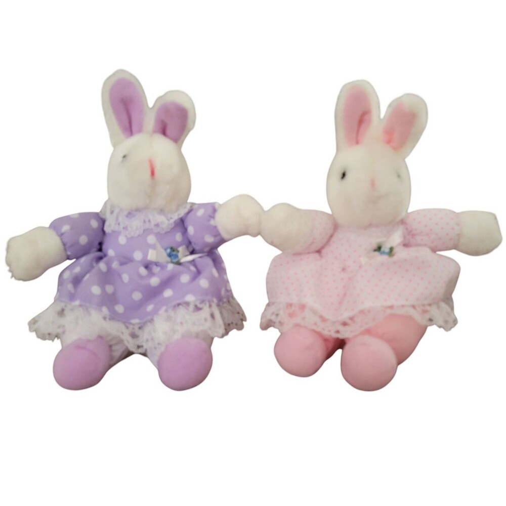 Lot Of 2 Bunny plush vintage, Kids of America Corp bunny in floral dress 8"